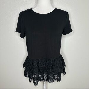 Halogen Womens Black Peplum Lace Hem Short Sleeve Top Size S